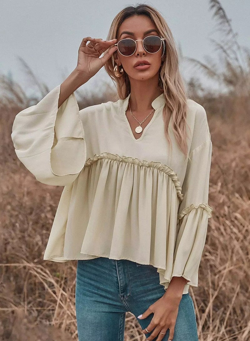 Notch Neck Frill Trim Flounce Sleeve Babydoll Blouse  - Image 1