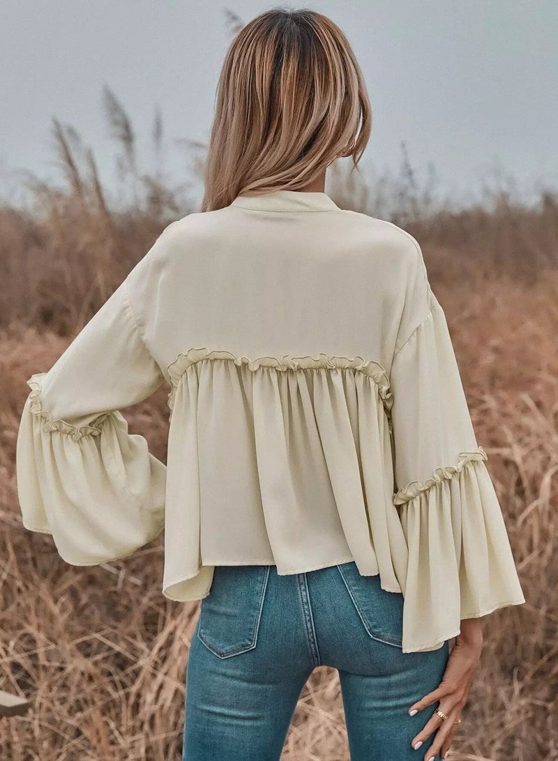 Notch Neck Frill Trim Flounce Sleeve Babydoll Blouse  - Image 2