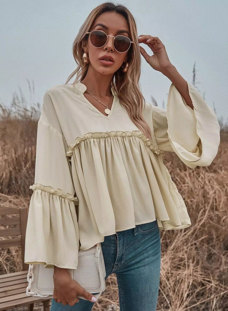 Notch Neck Frill Trim Flounce Sleeve Babydoll Blouse  - Image 5