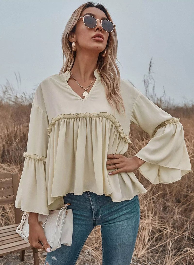 Notch Neck Frill Trim Flounce Sleeve Babydoll Blouse  - Image 3