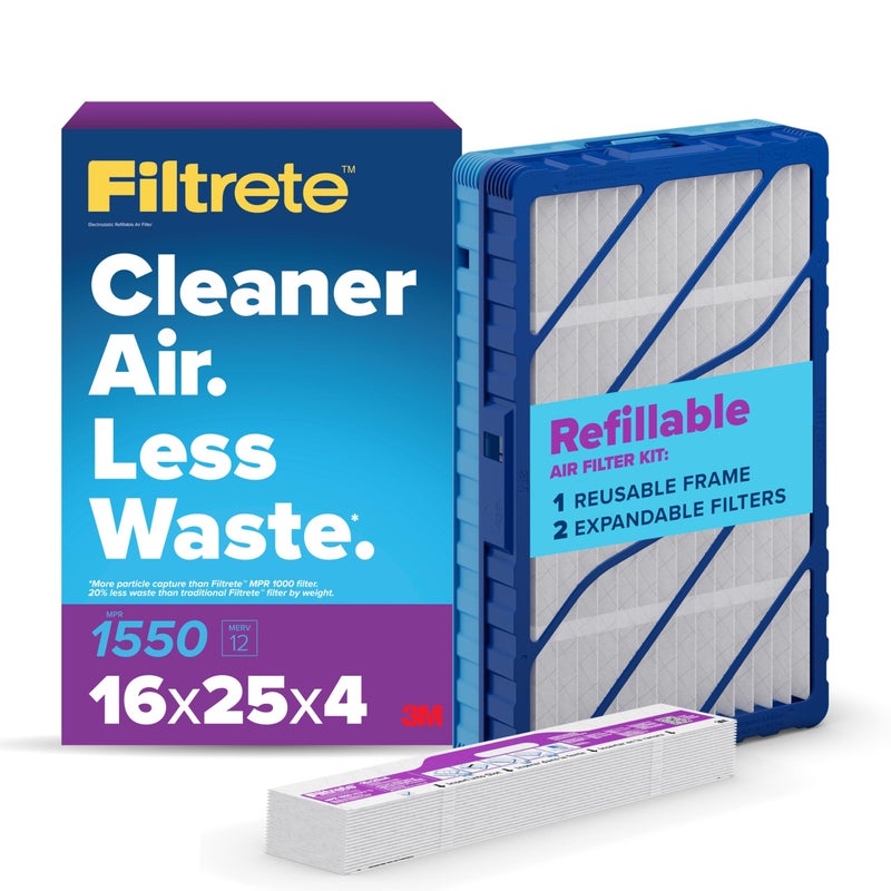 Filtrete 16x25x4 Refillable Air Filter Starter Kit, MPR 1550, MERV 12, 1 Reusable Air Filter Frame & 2 Air Filters, Fits Honeywell & Lennox, Allergen Bacteria & Virus, actual size 15.88 x 24.62 x 4.25 - Image 1