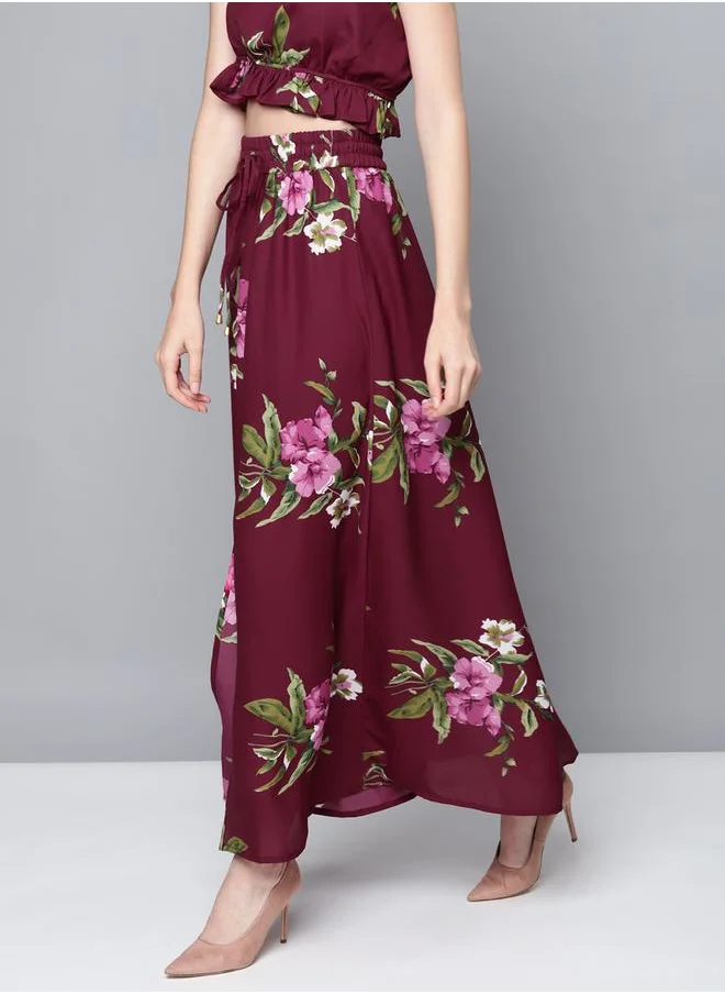 SASSAFRAS Floral Print Front Slit Drawstring Maxi Skirt