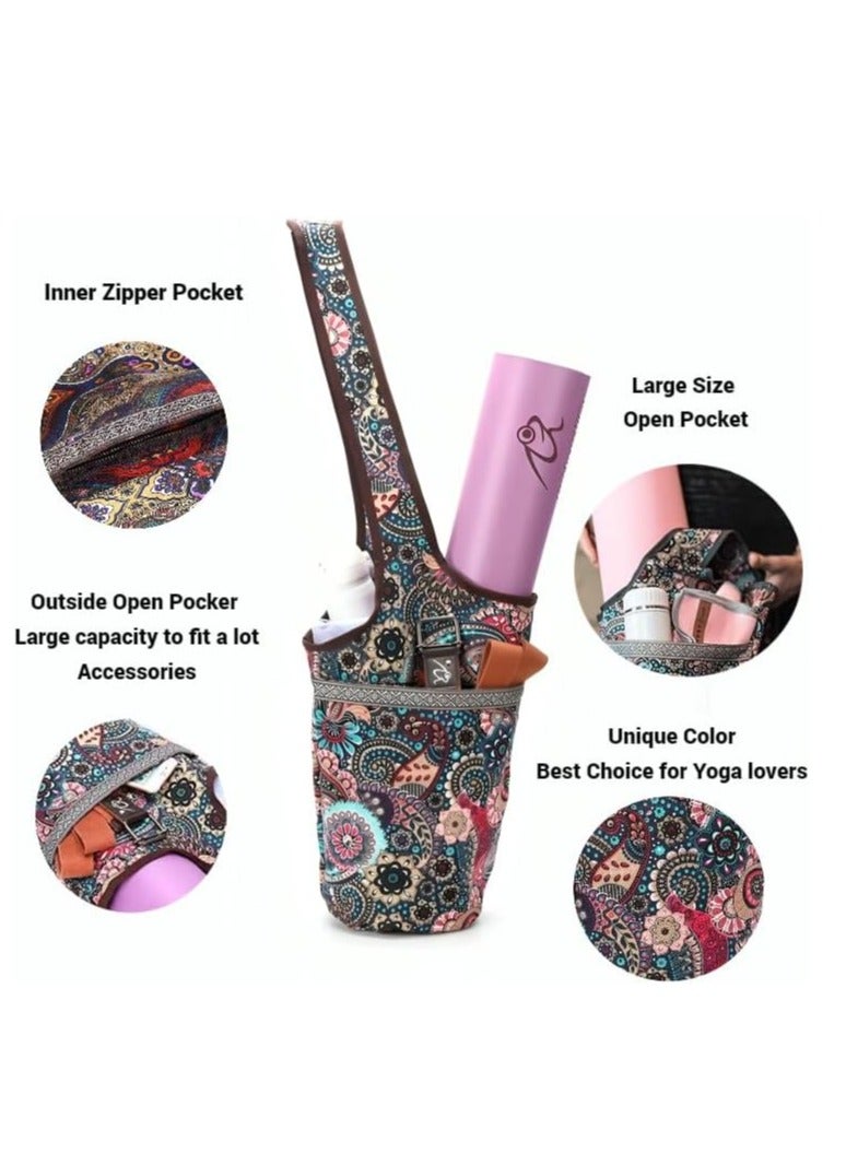 Generic Yoga Portable Bag Color (Green Cashew Flower) With Large Size Zipper Pocket, Holds More Accessories Fit Most Size Mats, Easy Access Lightweight Comfortable Shoulder Strap, Simple And Fashionable Style  - Image 2