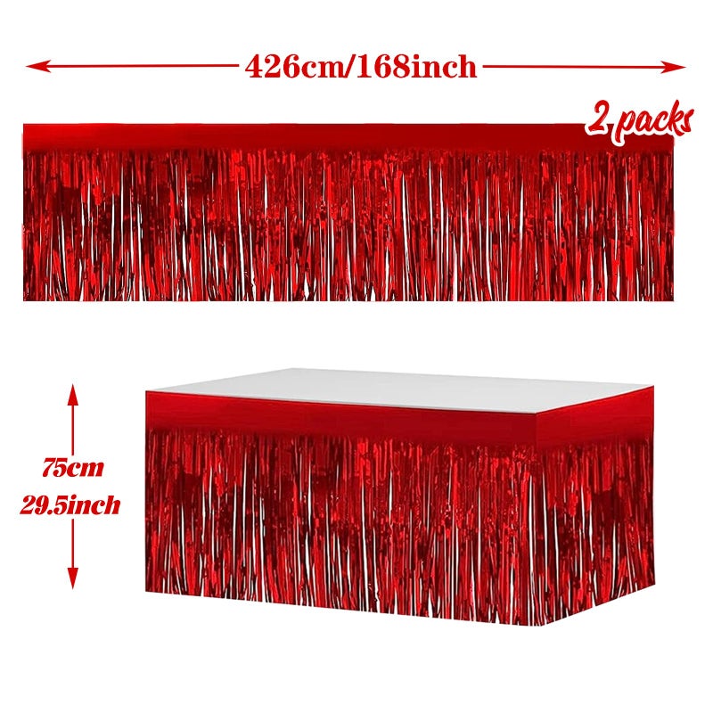 LabZhang 2 Pack 29.5x168 Inch Metallic Foil Fringe Tinsel Table Skirts Disposable Table Skirt for Parade Floats  Mardi Gras Party  Wedding  Birthday Party(Red) - Image 2