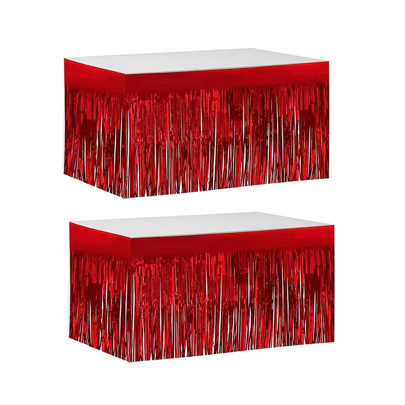 LabZhang 2 Pack 29.5x168 Inch Metallic Foil Fringe Tinsel Table Skirts Disposable Table Skirt for Parade Floats  Mardi Gras Party  Wedding  Birthday Party(Red) - Image 1