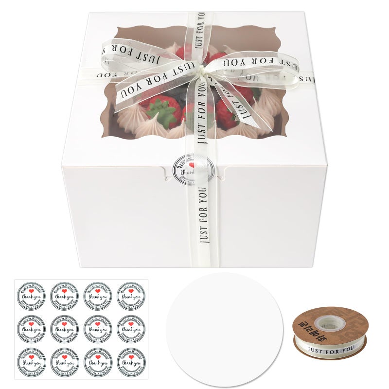 CHENZEM 28 Sets 8x8x5 Cake Box, White Cake Box with Window 8" White Cake Boxes Round Boards, 8inch Cake Containers with Lids for Valentine's Day Mother's Day Cheesecake, Cakes.(8 * 8 * 5inch/28pcs) - Image 1