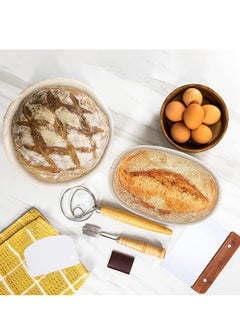 Furtey Bread baking kit baking tools 14-piece set, Bread Proofing Basket Set Œdough scraper, cloth cover, cutting knife, trimming knife, short-handled double-eye mixer, natural rattan oval + round bread fermentation basket Making Baking Fermentation Multicolor 25x15x8 cm  - Image 4