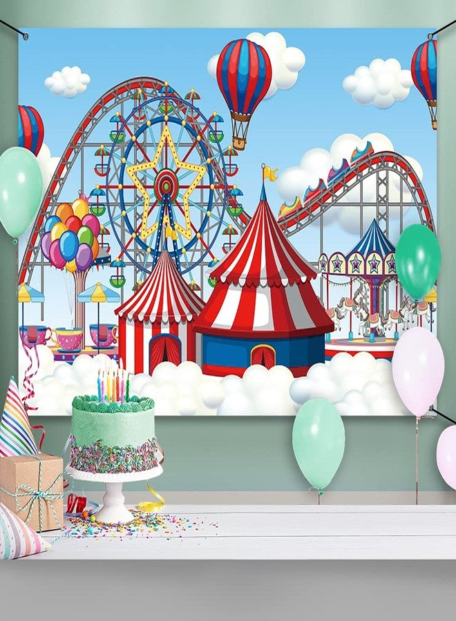 AWERT 6x3.6ft Happy Birthday Banner Amusement Park Clouds Circus Tent Hot Air Balloon Roller Coaster Sign Poster for Children Bday Decoration Supplies Birthday Party Background - Image 2