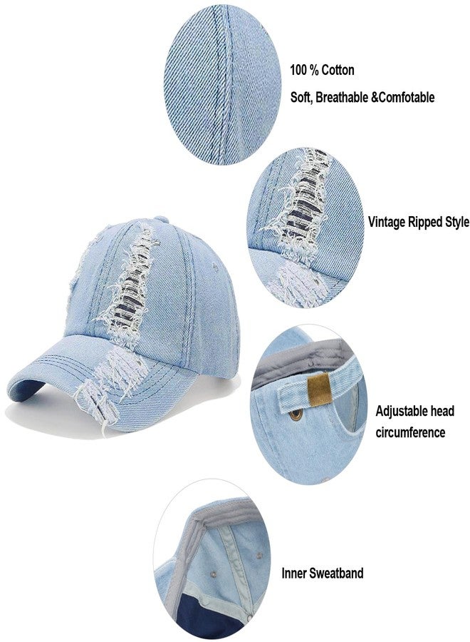 Umeepar Vintage Distressed Ripped Denim Baseball Cap Low Profile Unstructured Cotton Dad Hat Adjustable for Women Men (US, Alpha, One Size, Light Blue) - Image 4