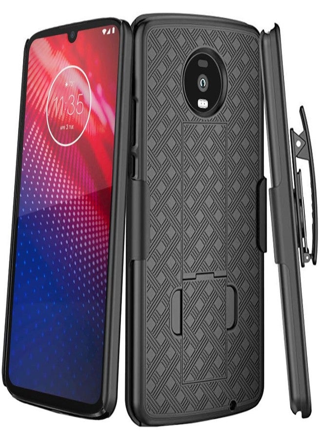 ROME TECH Designed for Moto Z4 Case with Belt Clip Holster - Kickstand Cover Phone Case - Black - Image 1