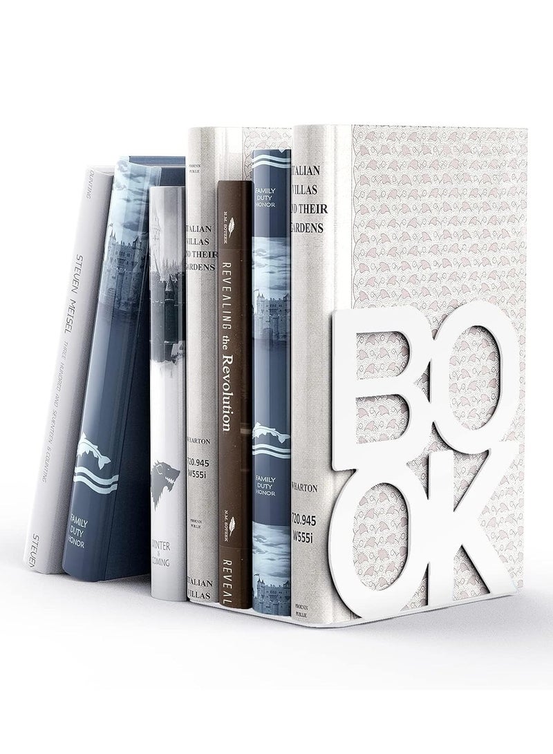 كيلا حامل كتب معدني مزخرف، حامل كتب معدني مزخرف لمكتب الكتب، تصميم فريد من نوعه، حامل رف كتب، ديكور منزلي، حامل كتب معدني متين، زوج واحد (أبيض) - Image 1