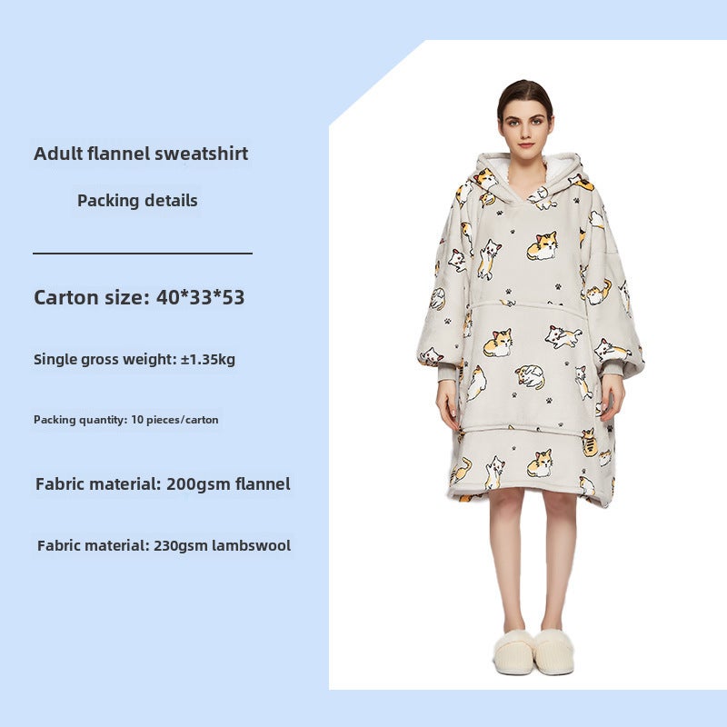 Oversized Hoodie Blanket Flannel Couples Loungewear light gray Kitty-Adult Double Layer 