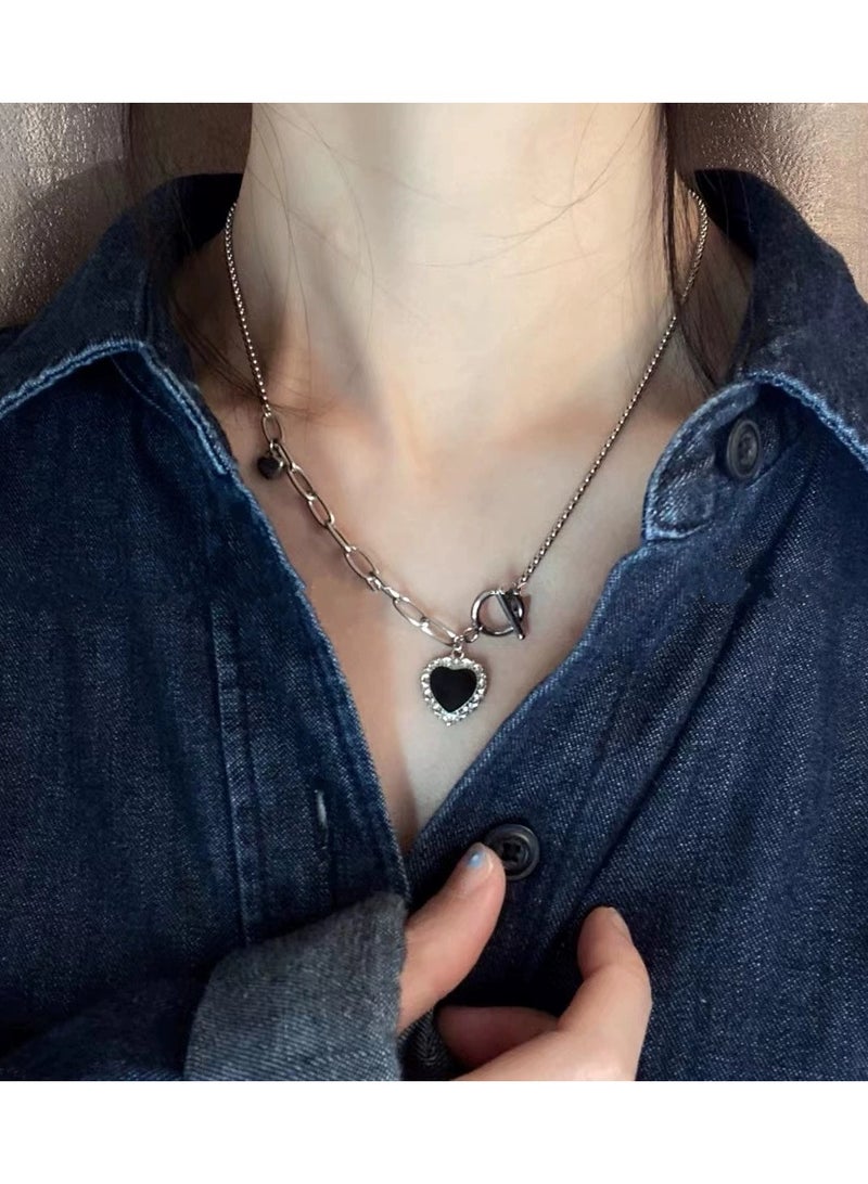 Goolsky Vintage Sweet & Edgy Black Heart Necklace & Earrings Set – Unique Patchwork Design, Trendy Sweatshirt Sweater Chain Jewelry  - Image 1