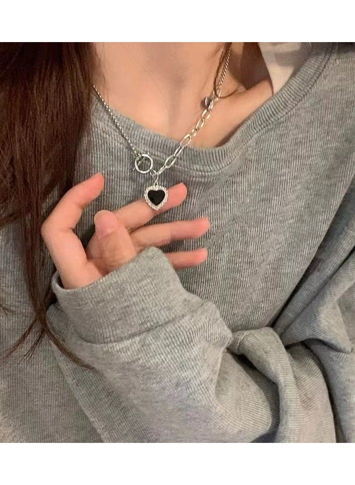 Goolsky Vintage Sweet & Edgy Black Heart Necklace & Earrings Set – Unique Patchwork Design, Trendy Sweatshirt Sweater Chain Jewelry  - Image 2