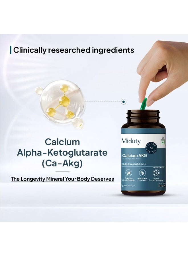 Miduty Calcium Alpha-Ketoglutarate (Ca-AKG) – 99% Stabilized Calcium AKG - Longevity & Bone Health Supplement For Men & Women – Supports Energy, Muscle Strength & Healthy Aging – 60 Capsules - Image 4
