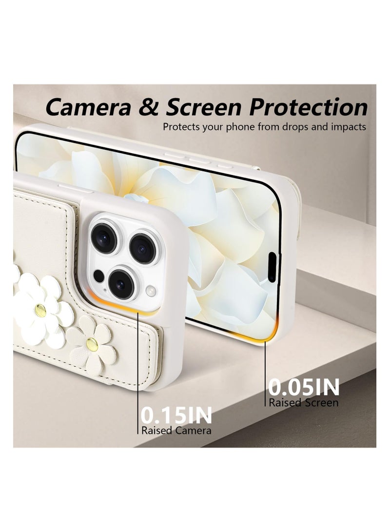 SYOSI for iPhone 16 Pro Max Wallet Case with Card Holder | Crossbody Phone Purse with Wrist Strap for Women | Cute Flower Design, Shockproof Cover (6.9", Beige) - Image 4