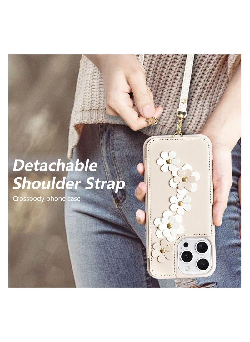 SYOSI for iPhone 16 Pro Max Wallet Case with Card Holder | Crossbody Phone Purse with Wrist Strap for Women | Cute Flower Design, Shockproof Cover (6.9", Beige) - Image 2