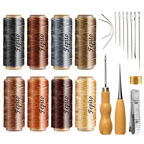 FEPITO 21pcs Leather Waxed Thread 8 Color 264 Yards 150D Leather Sewing Waxed Thread Cord with Leather Craft Hand Tools Kit for DIY Sewing Craft - Image 1
