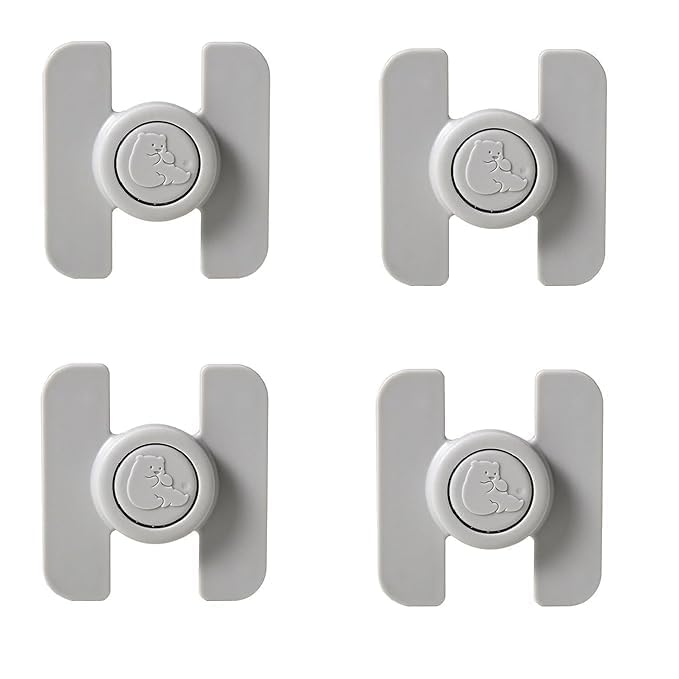 LUVINA Furniture Safety Locks for Kids, Dudu Bear Child Safety Drawer Lock Refrigerator Lock Water Dispenser Safety Lock Anti-Open Child Safety Locks for Cabinet, Cupboards, Fridge (Grey, Pack of 4) - Image 1
