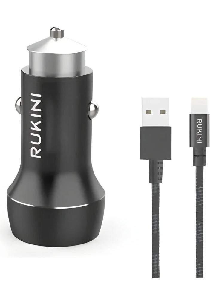 RUKINI Rockiny 24W Dual Output Fast Car Charger with iPhone Cable  - Image 1