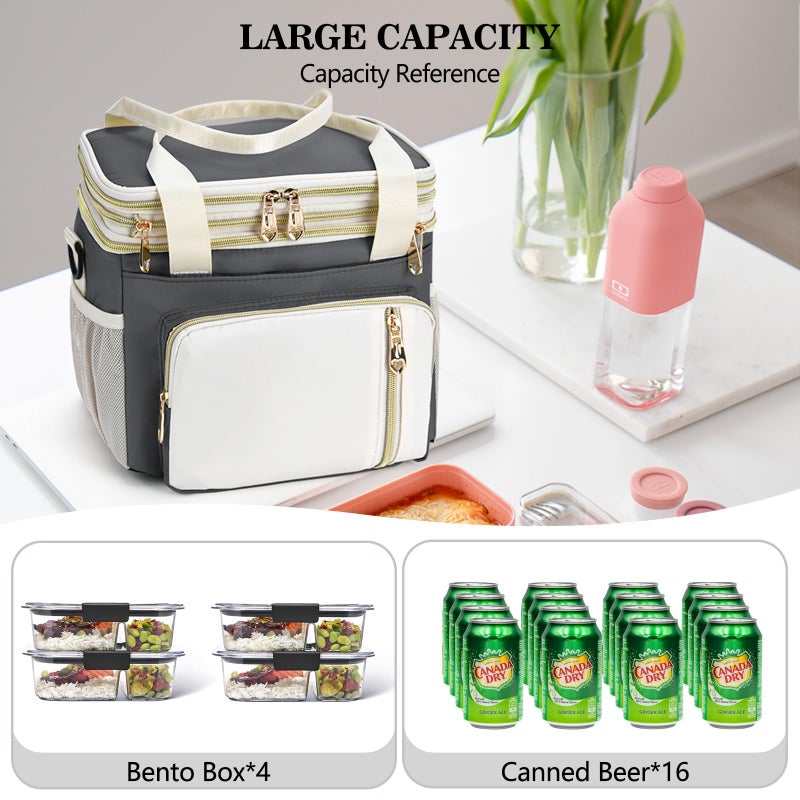 LOKASS Lunch Bag& Lunch Box for Men Women Double Deck,Large Insulated Adult Lunch Box Leakproof Lunchbox Cooler Bag for Work Picnic Beach,ï¼ˆGray&Whiteï¼‰ - Image 5