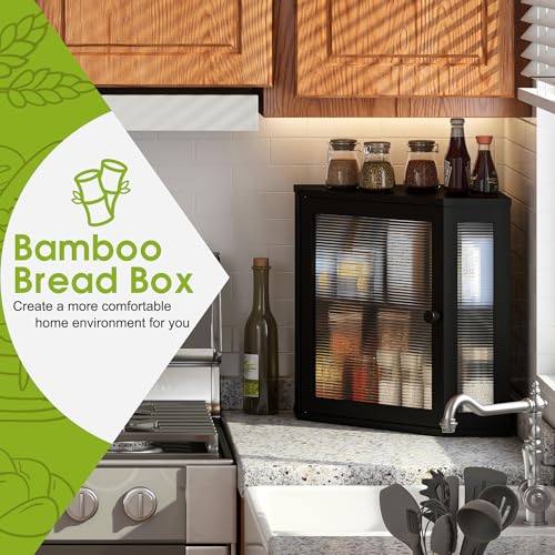 BMOSU Corner Bread Box for Kitchen Countertop Double Layer Bamboo Wooden Bread box Large Capacity Bread Storage Bin(Black, Medium) - Image 2