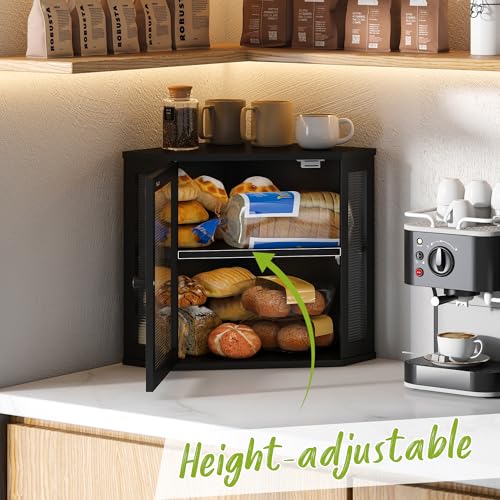 BMOSU Corner Bread Box for Kitchen Countertop Double Layer Bamboo Wooden Bread box Large Capacity Bread Storage Bin(Black, Medium) - Image 5