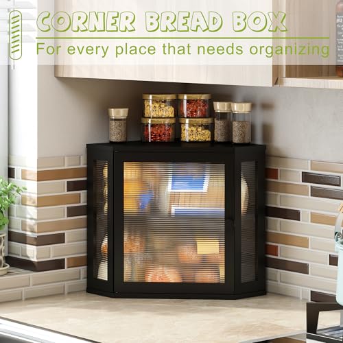 BMOSU Corner Bread Box for Kitchen Countertop Double Layer Bamboo Wooden Bread box Large Capacity Bread Storage Bin(Black, Medium) - Image 3