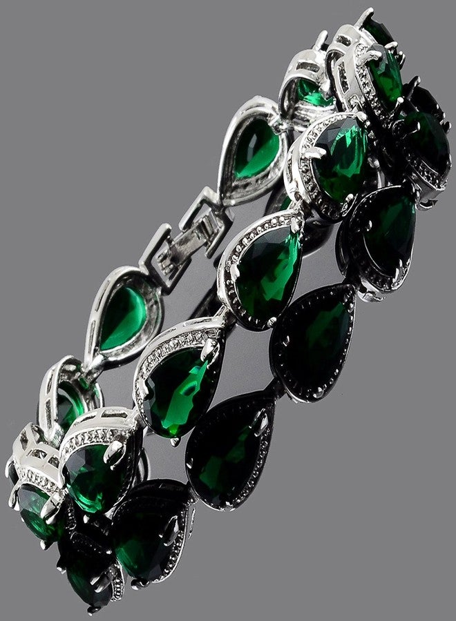 RIZILIA Tennis Bracelet & Pear Cut CZ [Simulated Green Emerald] in White Gold Plated, 7" - Image 3