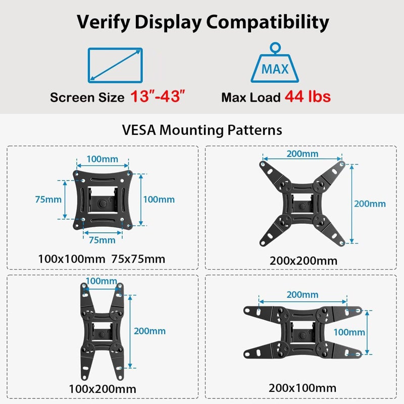 Pipishell Full Motion TV Wall Mount for Echo Show 21/15 and 13-42 Inch Flat Curved Screen TVs & Monitors, Max VESA 200x200mm up to 44lbs, TV Mount Wall Bracket with Rotation Swivel Tilt Extension - Image 2