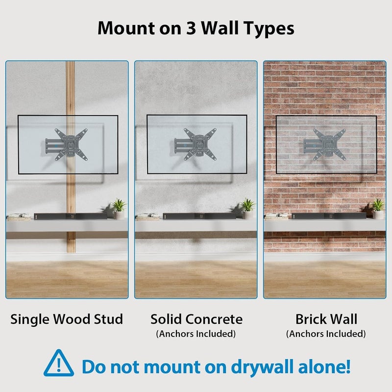 Pipishell Full Motion TV Wall Mount for Echo Show 21/15 and 13-42 Inch Flat Curved Screen TVs & Monitors, Max VESA 200x200mm up to 44lbs, TV Mount Wall Bracket with Rotation Swivel Tilt Extension - Image 5