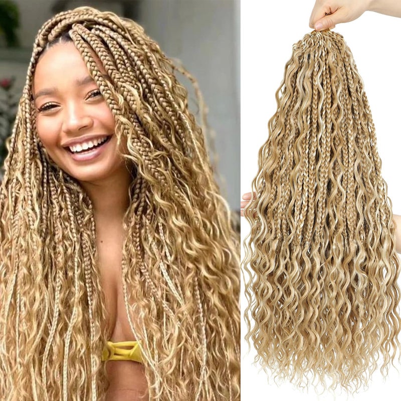 SOKU Goddess Box Braids Crochet Hair 24 Inch  8 Packs Honey Blonde Boho Bohemian Box River Braids Prelooped Platinum Blonde Synthetic Braiding Hair with Curly Ends for Women 24 Inch P27613