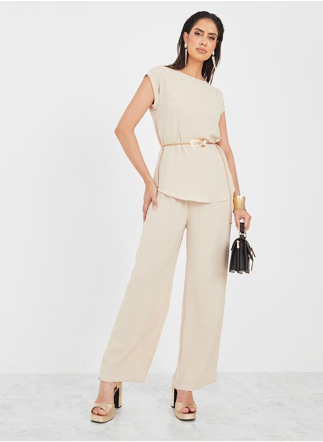 Styli Cap Sleeves Top and Wide Leg Trousers Under Abaya Set  - Image 1