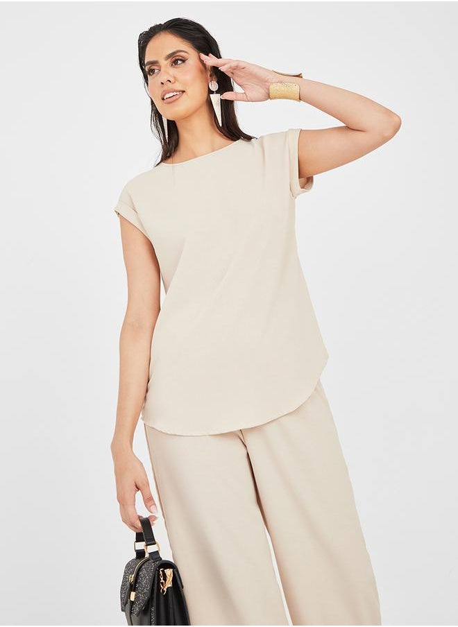 Styli Cap Sleeves Top and Wide Leg Trousers Under Abaya Set  - Image 3