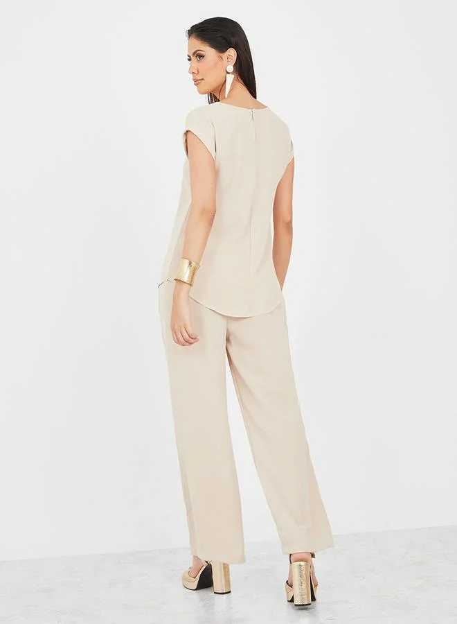 Styli Cap Sleeves Top and Wide Leg Trousers Under Abaya Set