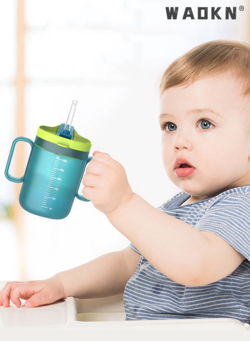 WAOKN Toddler Sippy Cups, Toddler Drinks Water Bottles Trainer Cup with Handles, 300ML Spill-Proof Sippy Cups for Toddlers 6 Months+, Children's Milk Cup with Scale, Children Portable Reusable Cup (Green)  - Image 1