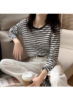 Green Striped Base Layer Top Womens Loose-fit Inner Long Sleeve T-shirt Top New Spring Autumn 2024 Fashion Dress purplish blue stripes
