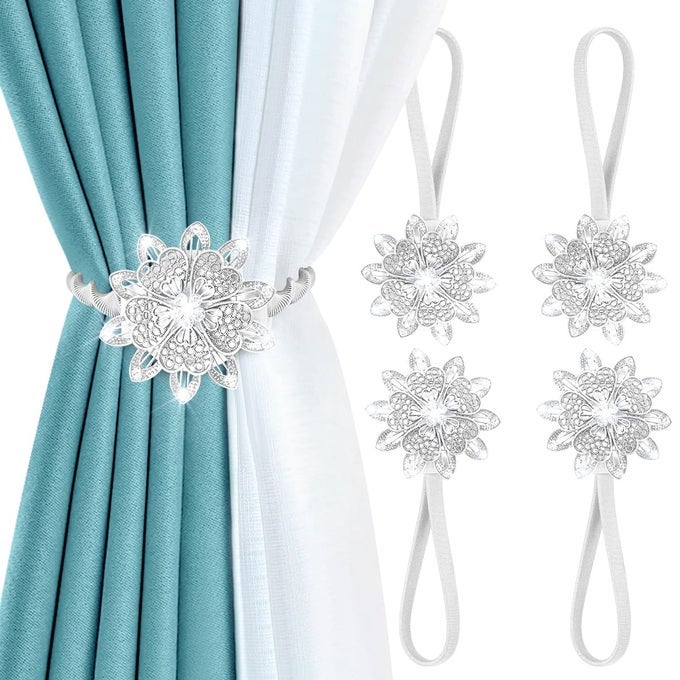 Magnetic Curtain Tiebacks 4 Pack Magnetic Decorative Drapes Curtain Clips Buckle Flower Curtain Tie Back European and American Style Silver