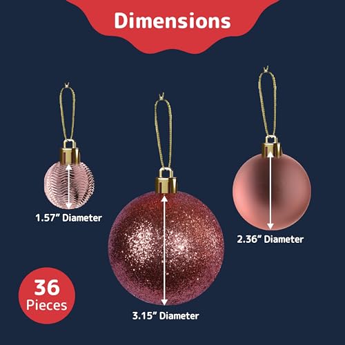 PREXTEX Champagne Christmas Ball Ornaments (36 pcs) - Shatterproof Christmas Tree Decorations with Hanging Loops in 6 Styles and 3 Sizes - Xmas Ornaments Set for Indoor and Outdoor Decor - Image 3