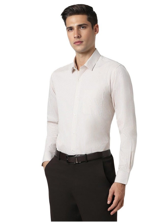 Peter England Peter England Men's Regular Fit Full Sleeve Striped Formal Shirt | Cotton Rich | Wonder Fabric | Premium Dobby Weave Beige  - Image 2
