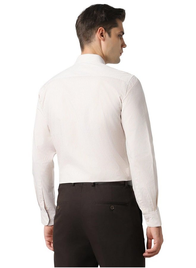 Peter England Peter England Men's Regular Fit Full Sleeve Striped Formal Shirt | Cotton Rich | Wonder Fabric | Premium Dobby Weave Beige  - Image 3
