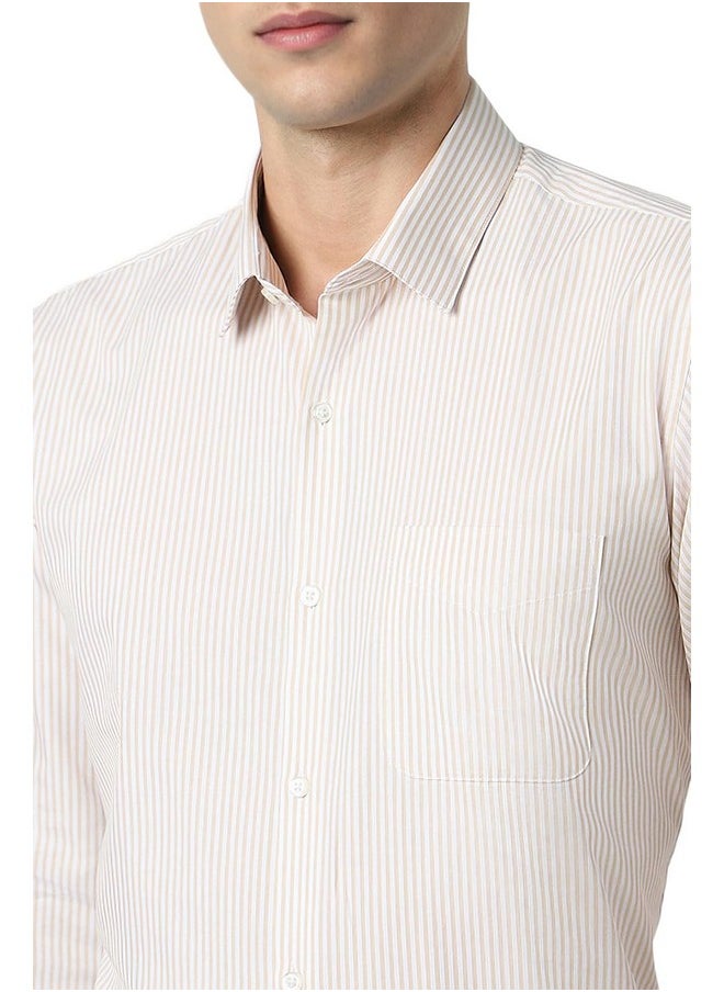 Peter England Peter England Men's Regular Fit Full Sleeve Striped Formal Shirt | Cotton Rich | Wonder Fabric | Premium Dobby Weave Beige  - Image 4