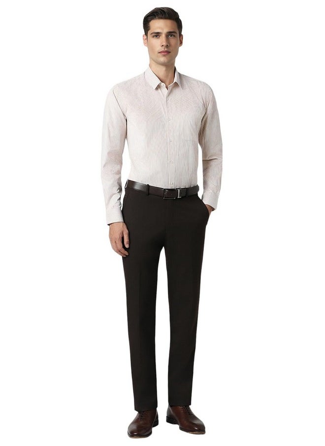 Peter England Peter England Men's Regular Fit Full Sleeve Striped Formal Shirt | Cotton Rich | Wonder Fabric | Premium Dobby Weave Beige  - Image 5