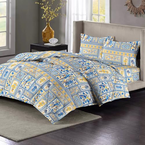 VAS COLLECTIONS Microfiber 220 GSM Glace Cotton AC Comforter Set King Size Double Bed with Flat Bedsheet 90x100 inch and 2 Pillow Covers | 4 Piece Bedding Set - Light Blue & Light Yellow - Image 1