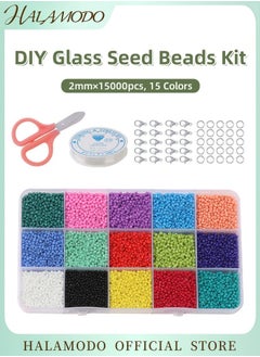 HALAMODO 15000Pcs Glass Seed Beads Kit 2mm Multicolor Seed Beads for Jewelry Making DIY Craft Supplies Kit for Bracelets Necklaces Earrings (15 Colors)  - Image 1