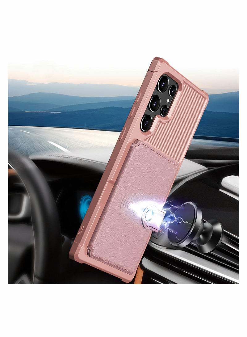 Pink PU Leather Wallet Case for Galaxy S22 Ultra - Shockproof, Dual-Layer Protection & Card Holder Slot - Image 5