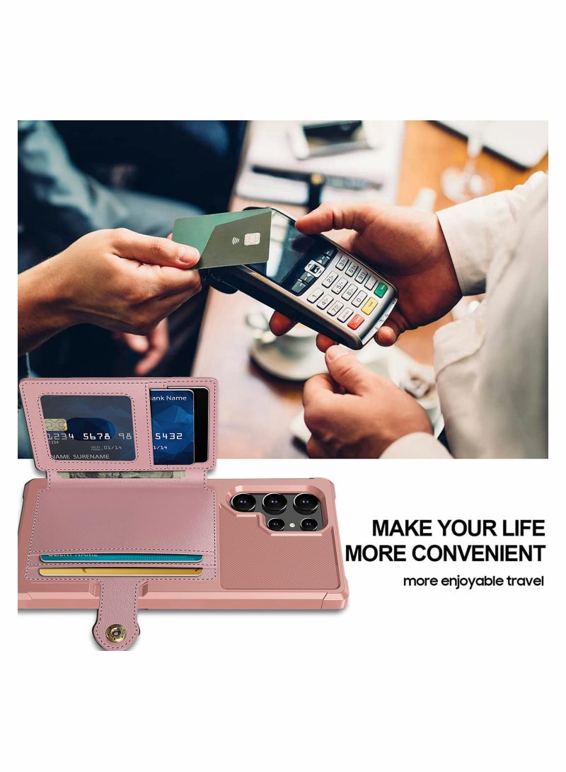 Pink PU Leather Wallet Case for Galaxy S22 Ultra - Shockproof, Dual-Layer Protection & Card Holder Slot - Image 3