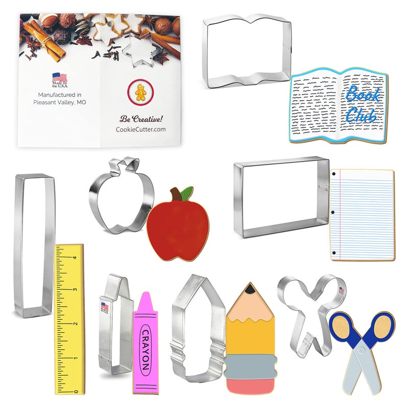 Foose Foose Brand Back To School Teacher Appreciation Cookie Cutter 7 Pc Set School Book Ruler Crayon Scissors Rectangle apple and pencil Cookie Cutters Hand Made in the USA from Tin Plated Steel 