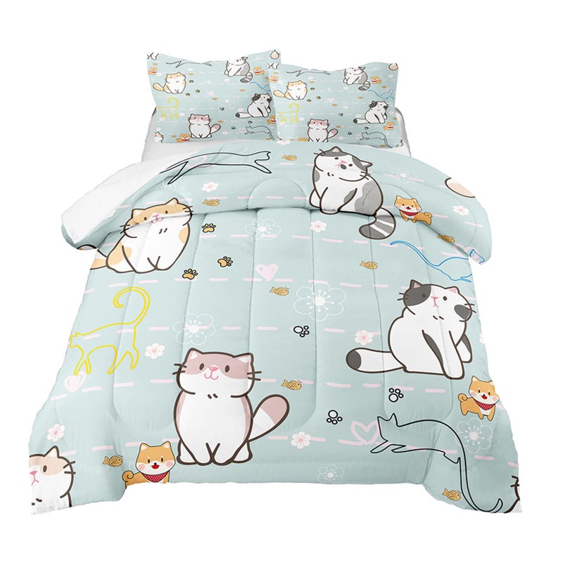 Kossmjx Cat Bedding Set Twin Size Cartoon Cats Comforter for Girls Kids Teens Blue Lovely Quilt Animal Pattern Comforter Set Soft Breathable Cute Duvet Set for All Season 2Pcs with Pillowcase 