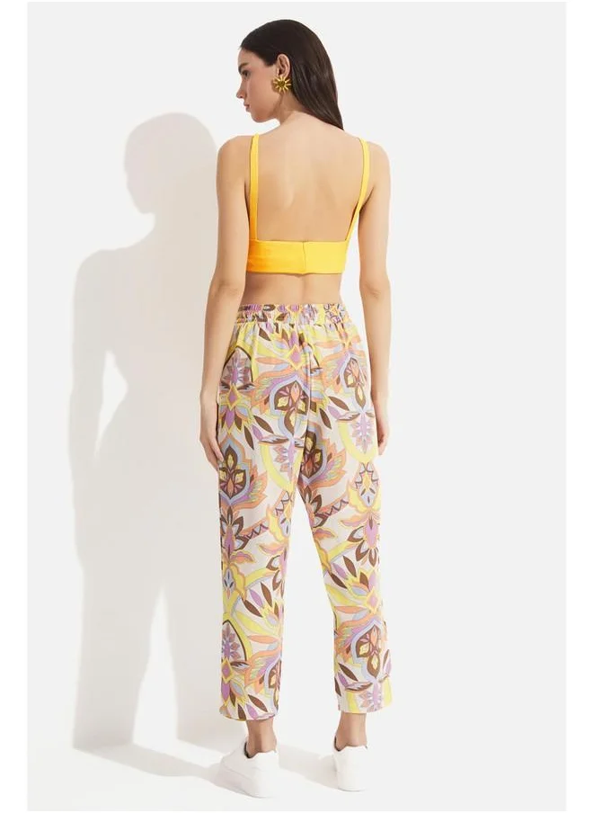 JUNE June Women Exclusive Elastic Waist Viscose Blend Floral Patterned Jogger Woven Trouser Yellow